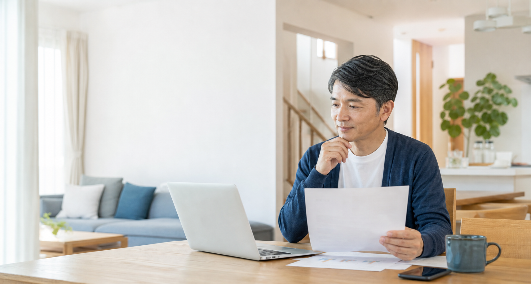 自宅で不動産売却について落ち着いて調べる人