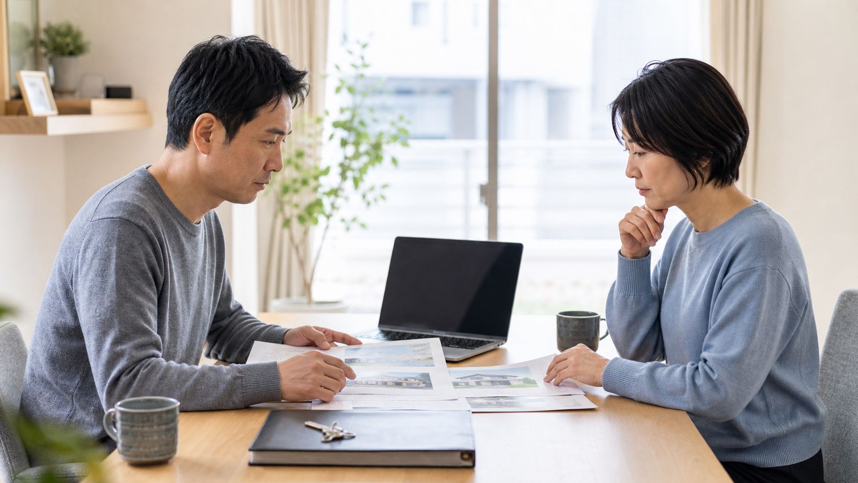 家の査定資料を見ながら落ち着いて話し合う夫婦