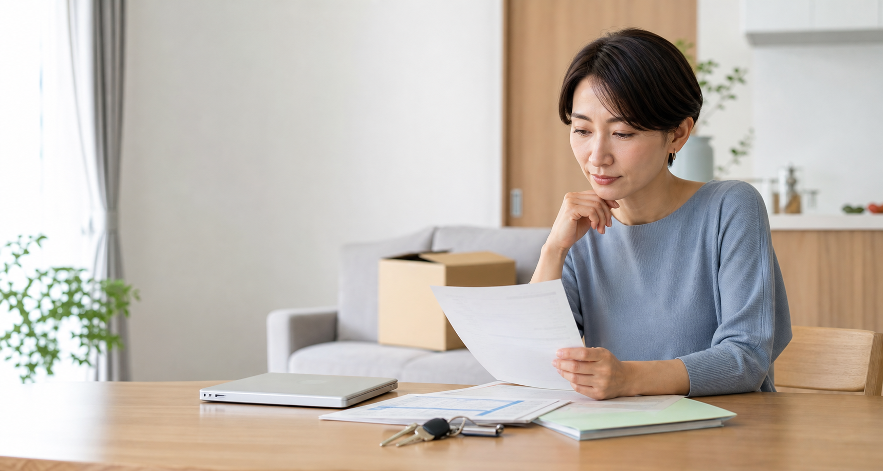 離婚に伴う住宅ローンと家の書類を一人で整理する女性