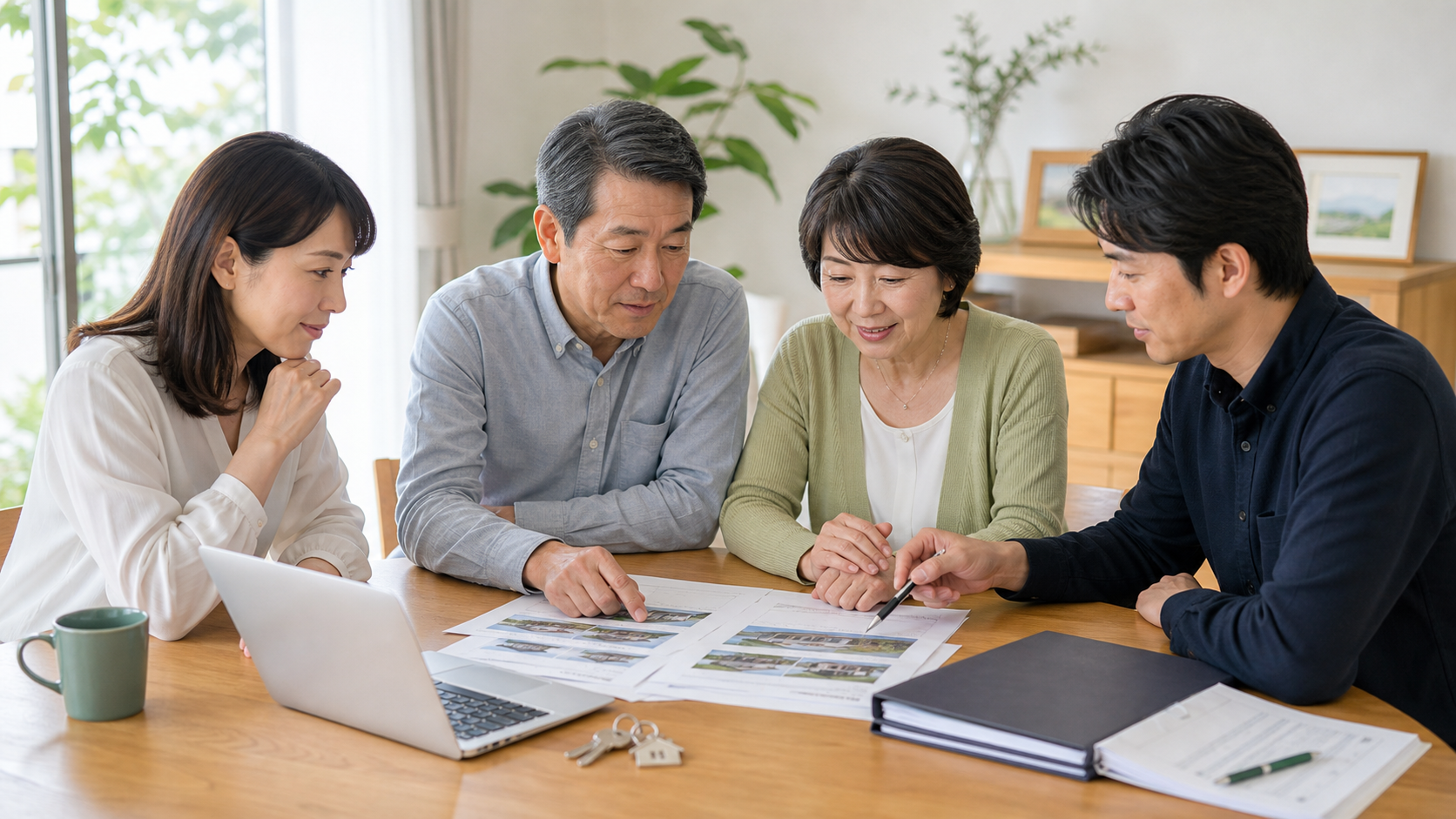 相続した家の査定結果を見ながら売却を相談する親族