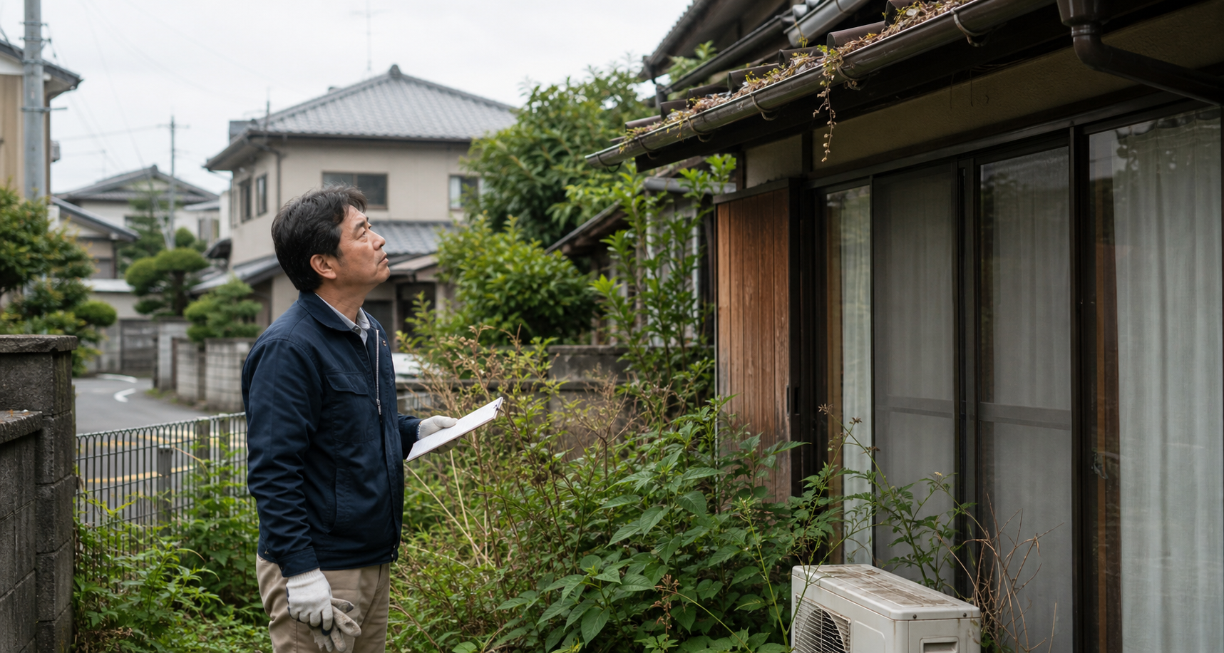 相続した空き家の庭や外壁を確認する男性