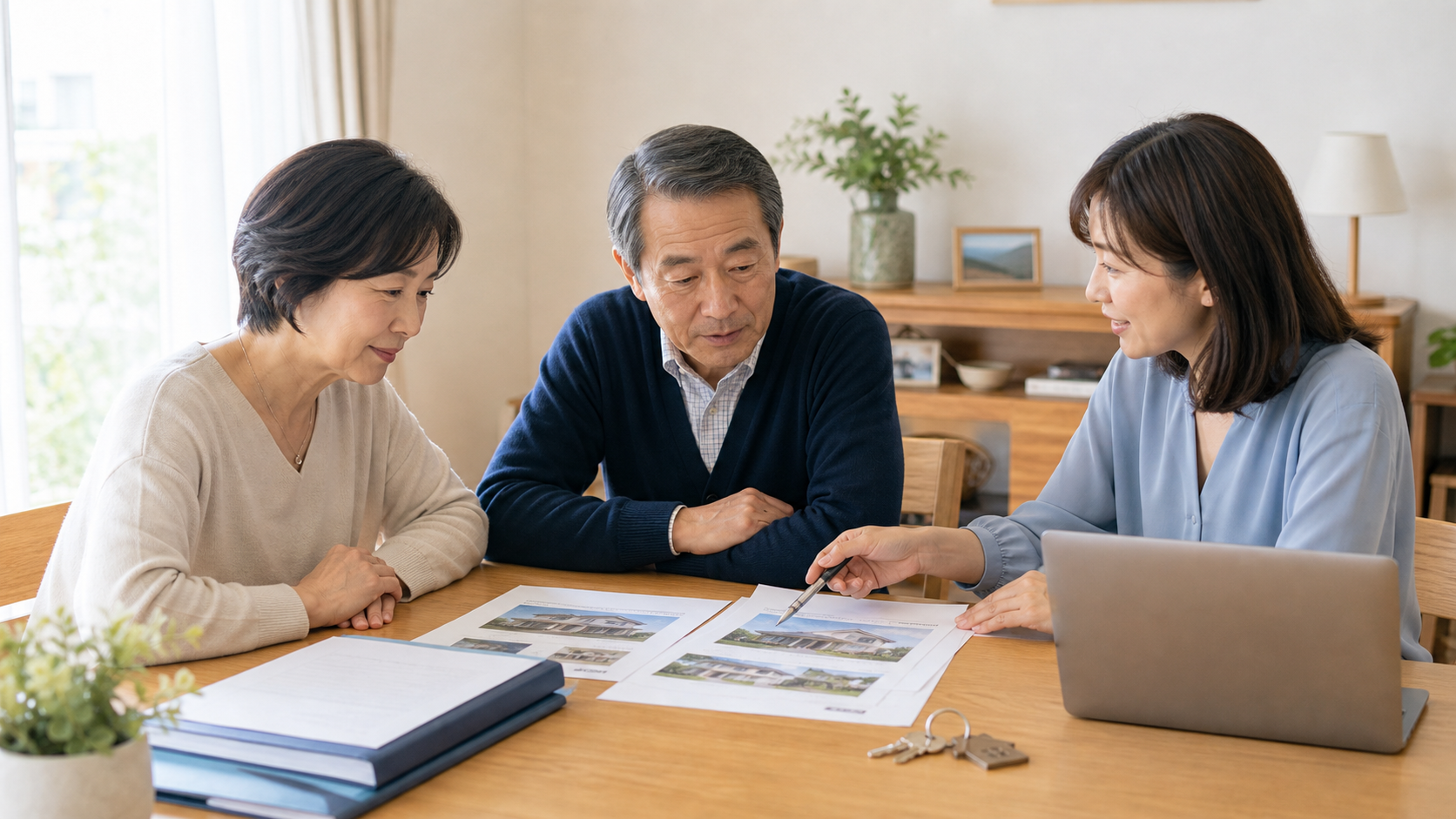 持ち家の査定資料を見ながら将来の住まいを話し合う家族
